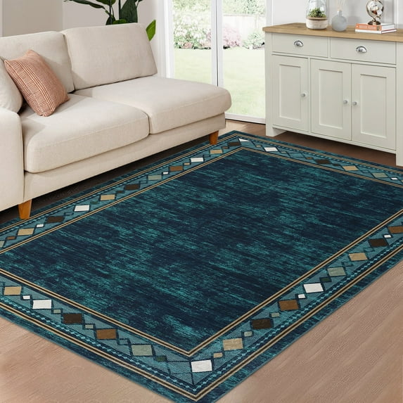 GlowSol 8' x 10' Modern Bordered Area Rug Indoor Washable Floorcover Carpet Contemporary Geometric Chic Border Accent Rug for Living Room Bedroom, Blue Green