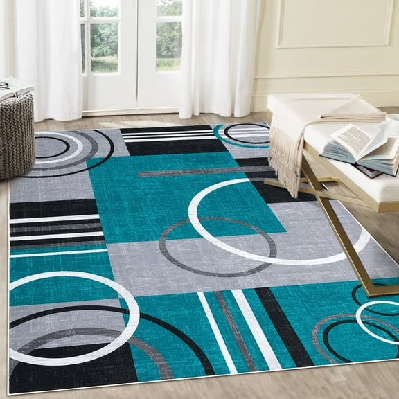 GlowSol 8' x 10' Modern Geometric Area Rug Washable Rug Non-Shedding Stain Resistant Carpet for Dining Room Office, Tturquoise