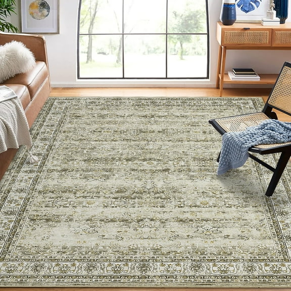 GlowSol 8' x 10' Vintage Area Rug Floral Distressed Rugs Stain-Resistant Non-Shedding Soft Rug for Dining Room Home Office, Tan