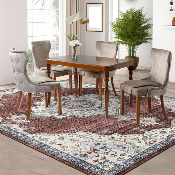 GlowSol 8' x 10' Vintage Area Rug Medallion Rug Low Pile Non Slip Accent Rug for Dining Room Home Office, Rust/Beige