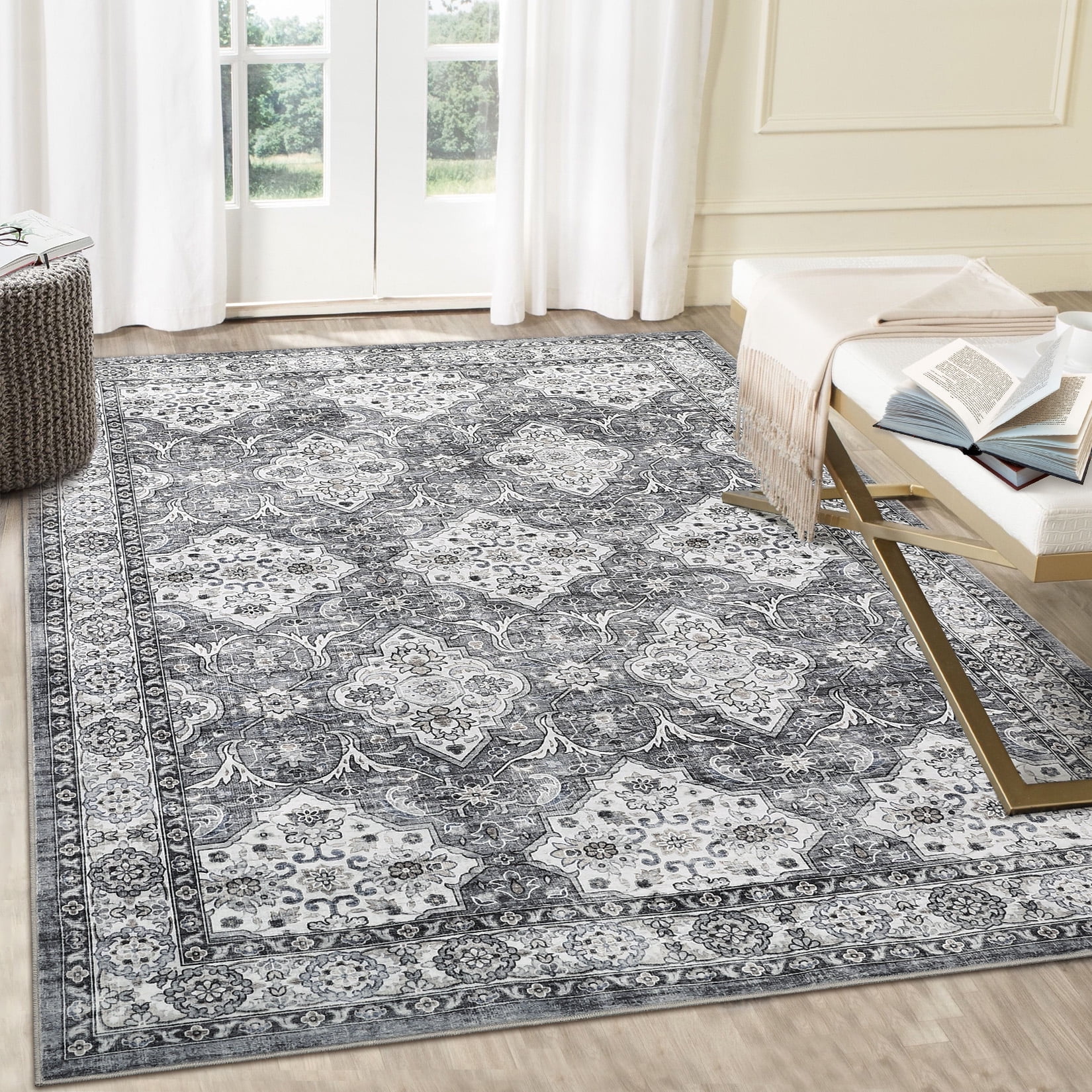 GlowSol 8' x 10' Vintage Floral Area Rug Washable Boho Rug Non-Shedding Stain Resistant Carpet for Dining Room Office, Gray