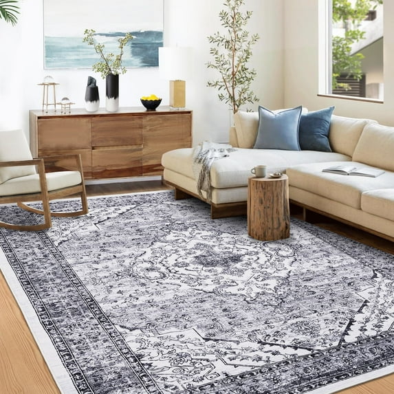 GlowSol 8'x10' Area Rug Boho Vintage Persian Bedroom Rug Indoor Floral Medallion Rug Soft Anti-Slip Stain Resistant Carpet for Dining Room, Gray