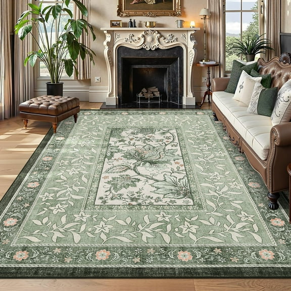 GlowSol 8'x10' Area Rug Botanical Floral Print Indoor Rugs Stain-Resistant Non-Slip Accent Rugs for Living Room Bedroom, Green