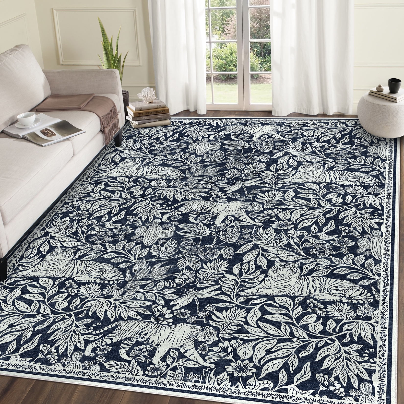 GlowSol 8'x10' Area Rug Forest Tiger Print Area Rugs Living Room Low Pile Non-Slip Soft Foldable Accent Carpet for Bedroom, Dark Blue