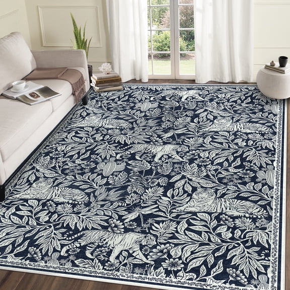 GlowSol 8'x10' Area Rug Forest Tiger Print Area Rugs Living Room Low Pile Non-Slip Soft Foldable Accent Carpet for Bedroom, Dark Blue