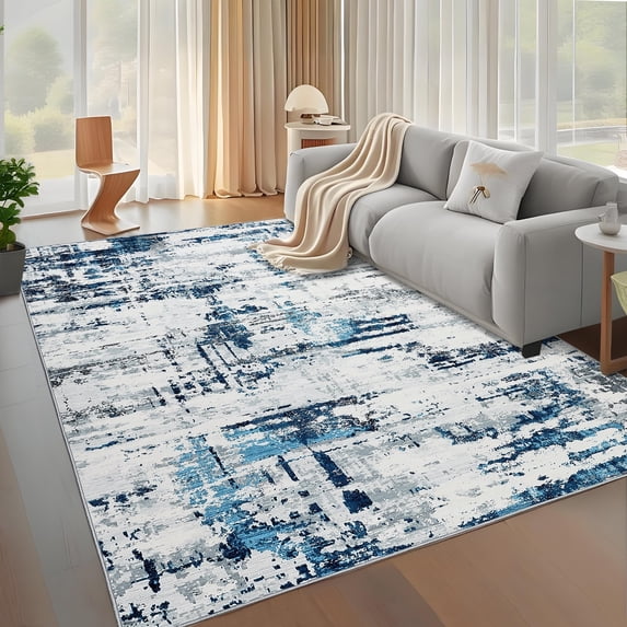 GlowSol 8'x10' Area Rug Modern Abstract Washable Rugs for Living Room Bedroom Indoor Soft Non Slip Low Pile Throw Rug, Blue