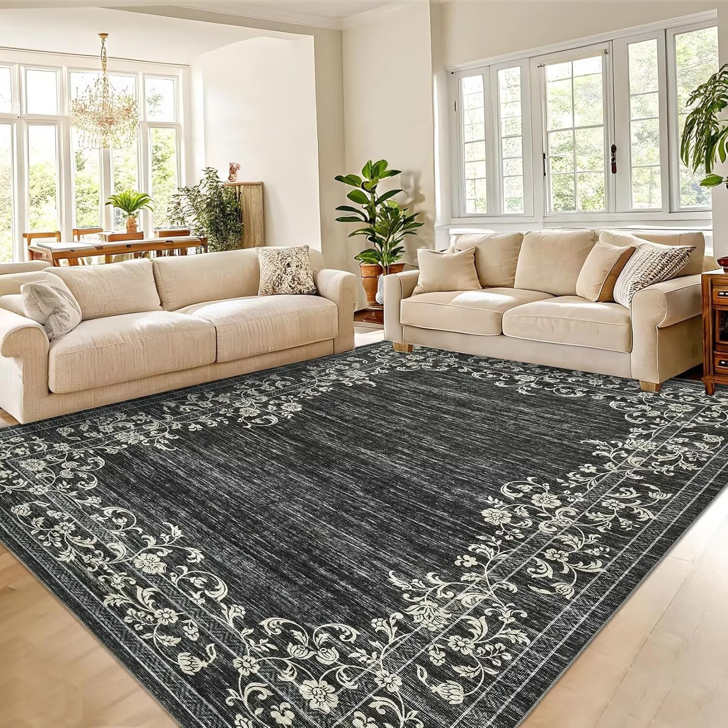 GlowSol 8'x10' Area Rug Modern Floral Area Rug Border Rugs for Living Room Bedroom Farmhouse Soft Foldable Area Rug, Black