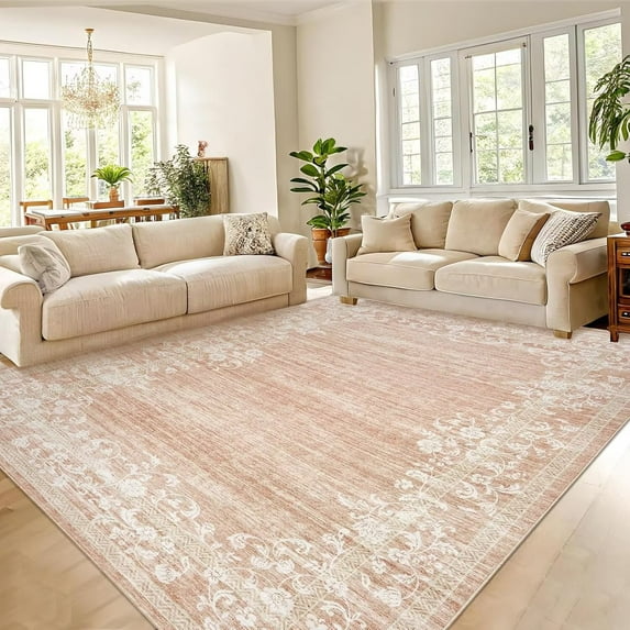 GlowSol 8'x10' Area Rug Modern Floral Area Rug Border Rugs for Living Room Bedroom Farmhouse Soft Foldable Area Rug, Pink
