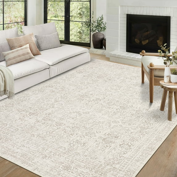 GlowSol 8'x10' Area Rug Soft Washable Oriental Distressed Rug Non-Slip Low Pile Indoor Carpet for Dining Room Home Office, Beige