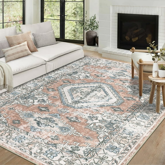 GlowSol 8'x10' Area Rug Vintage Boho Bedroom Rug Indoor Floral Medallion Rug Soft Anti-Slip Stain Resistant Carpet for Dining Room, Orange Pink
