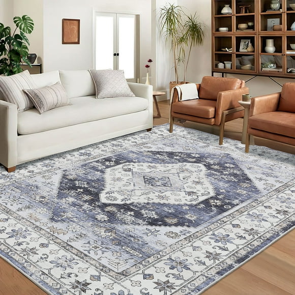 GlowSol 8'x10' Area Rug Vintage Boho Rug Floral Bedroom Rug Non Shedding Stain Resistant Carpet for Dining Room Home Office, Blue Grey