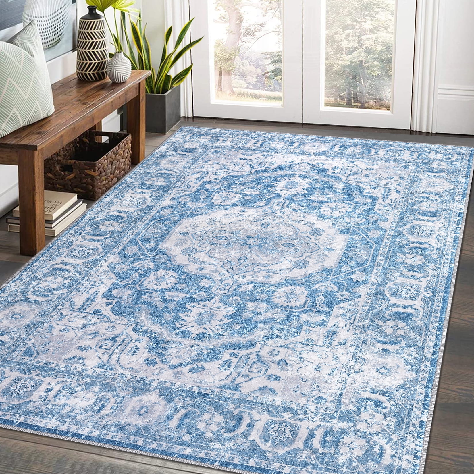 Blue Floral Synthetic 8' x 10' Washable Area Rug