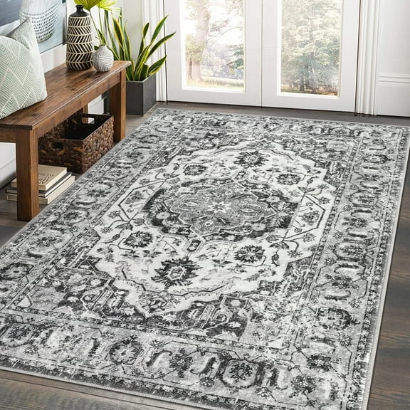 GlowSol 8'x10' Area Rug Vintage Floral Medallion Rugs for Living Room Oriental Bedroom Rug Non-Shedding Stain-Resistant Rug Soft Foldable Rug, Grey