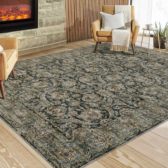 GlowSol 8'x10' Area Rug Vintage Floral Print Rug Indoor Distressed Rug Non-Slip Non-Shedding Carpet for Dining Room Home Office, Black