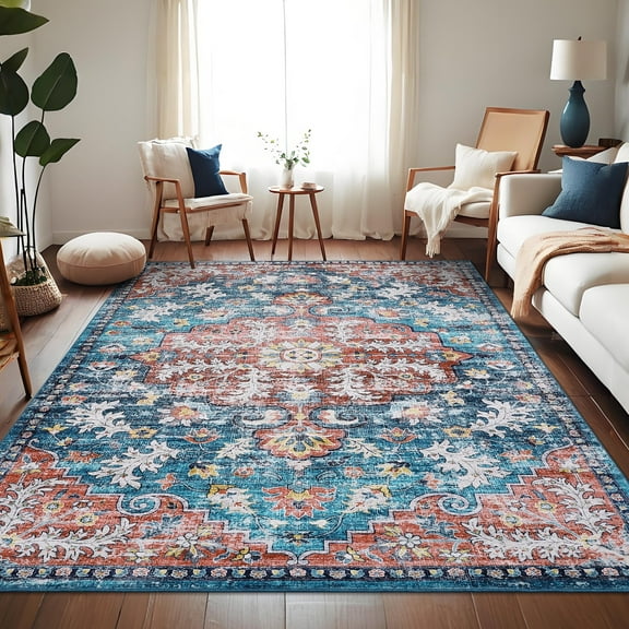 GlowSol 8'x10' Area Rug Vintage Medallion Print Rug, Non Slip Low Pile Boho Soft Floral Accent Rugs for Living Room Bedroom, Blue