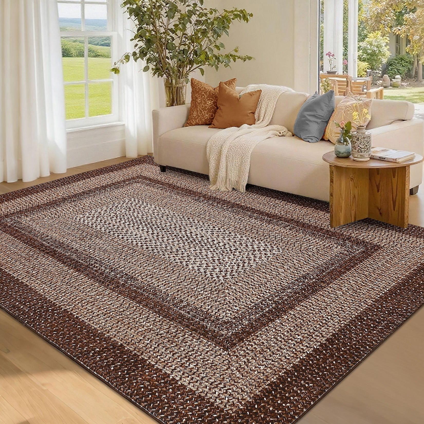 GlowSol 8'x10' Area Rug Washable Modern Braided Print Rugs for Living Room Bedroom Non Slip Low Pile Floor Carpet, Brown