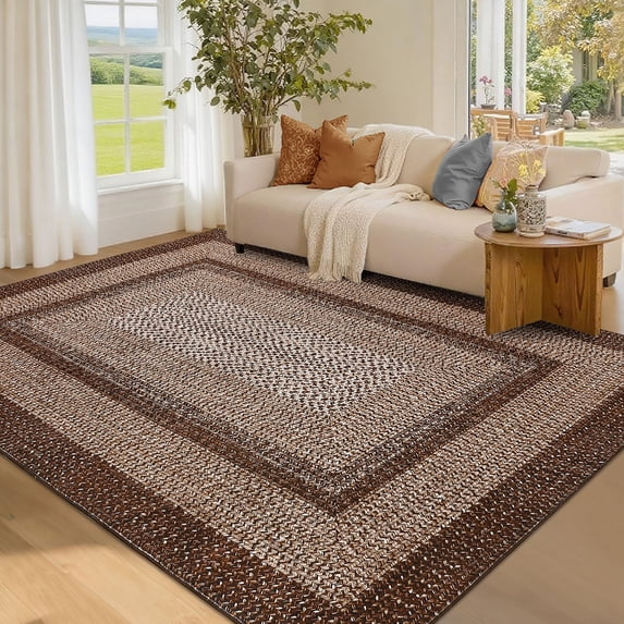 GlowSol 8'x10' Area Rug Washable Modern Braided Print Rugs for Living Room Bedroom Non Slip Low Pile Floor Carpet, Brown