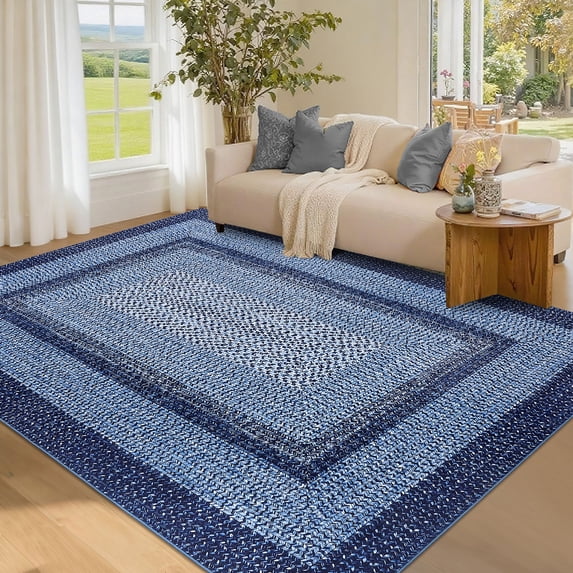 GlowSol 8'x10' Area Rug Washable Modern Braided Print Rugs for Living Room Bedroom Non Slip Low Pile Floor Carpet, Navy Blue