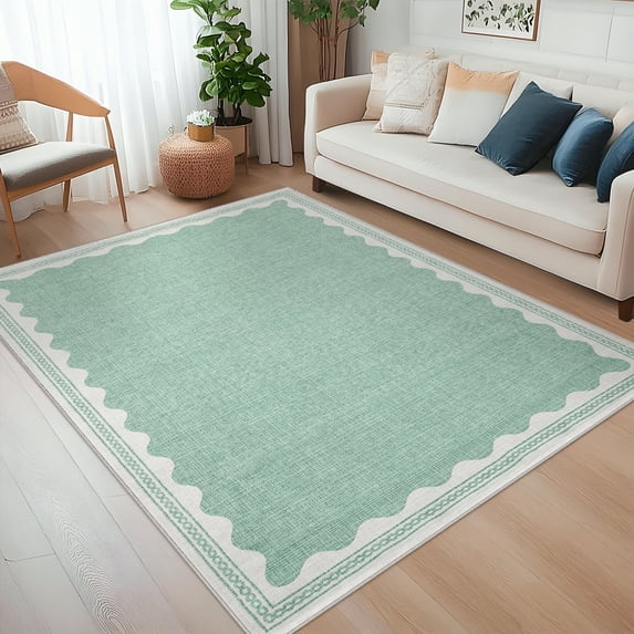 GlowSol 8'x10' Area Rug Washable Modern Scalloped Bordered Pattern Rugs for Living Room Bedroom Soft Non-Slip Low Pile Rug, Green