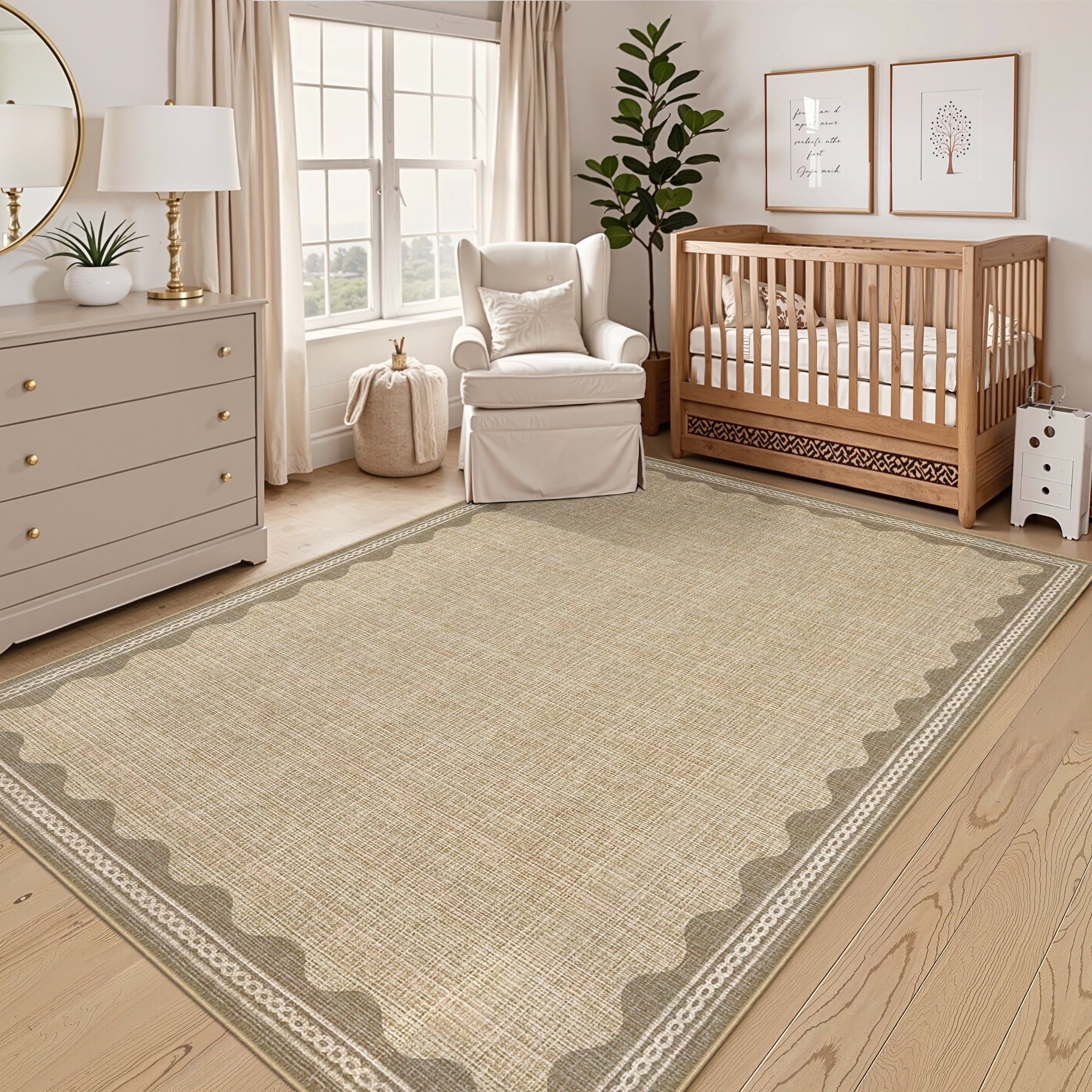 GlowSol 8'x10' Area Rug Washable Modern Scalloped Bordered Pattern Rugs for Living Room Bedroom Soft Non-Slip Low Pile Rug, Jute Color