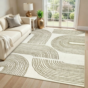 GlowSol 8'x10' Area Rugs Washable Geometric Stripes Rug Indoor Modern Non-Slip Low Pile Accent Carpet for Living Room Bedroom, Taupe