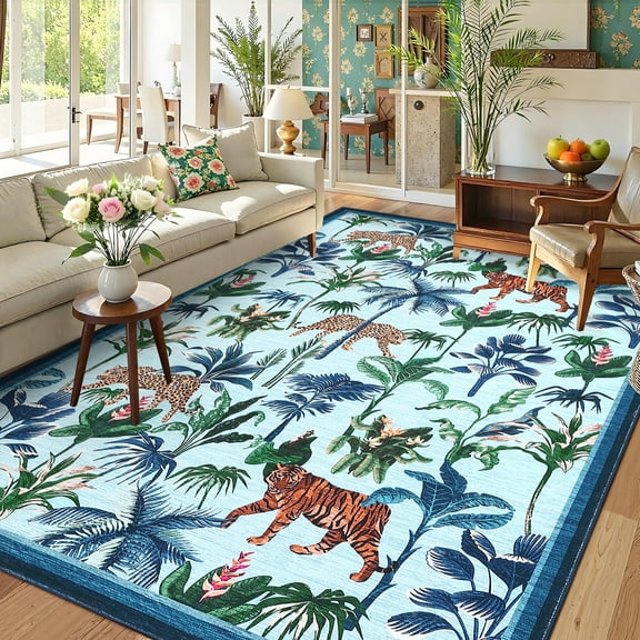GlowSol 8'x10' Area Rugs for Living Room Bedroom Jungle Animal Print Rug Tiger Pattern Washable Soft Rug Non-Slip Low Pile Carpet, Blue