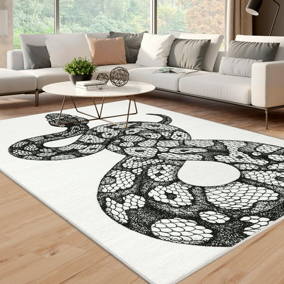 GlowSol 8'x10' Black White Snake Area Rug Modern Aesthetic Rug with Anti-Slip Backing Soft Foldable Rug for Dining Room Office