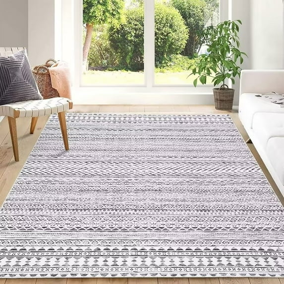 GlowSol 8'x10' Boho Large Area Rug Tribal Low-Pile Rug Carpet Non-Shedding Rugs for Living Room Bedroom Dining Home Office Area Rug, Light Gray