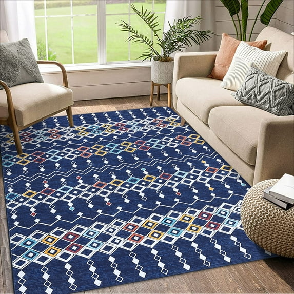 GlowSol 8'x10' Boho Moroccan Area Rugs for Living Room Bedroom Indoor Farmhouse Rug Low Pile Non-Slip Throw Carpet, Blue