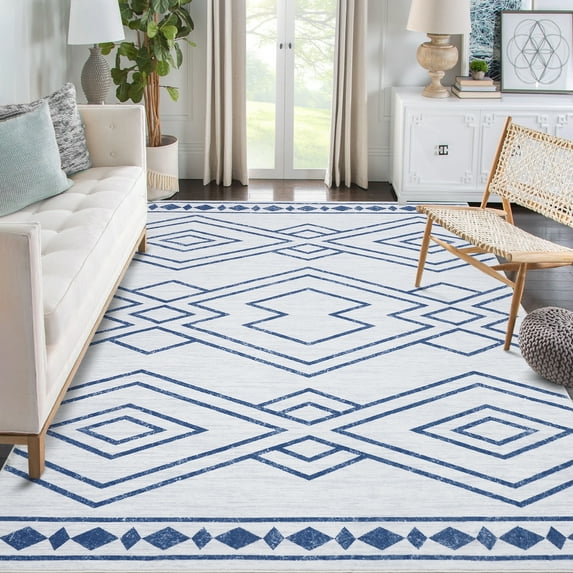 GlowSol 8'x10' Boho Washable Rug Modern Geometric Rug Indoor Rug Moroccan Rug Low Pile Non-Slip Non-Shedding Soft Foldable Rug, Blue