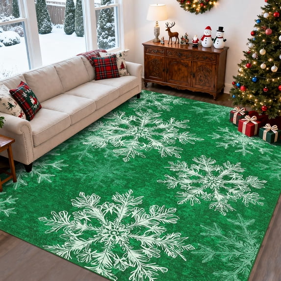 GlowSol 8'x10' Christmas Area Rugs for Living Room Bedroom Washable Rug Xmas Snowflakes Rug Indoor Stain-Resistant Floor Carpet, Green