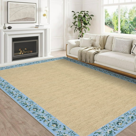 GlowSol 8'x10' Floral Bordered Area Rug Washable Braided Print Rug Soft Non-Slip Low Pile Foldable Rugs for Living Room Bedroom, Tan + Light Blue