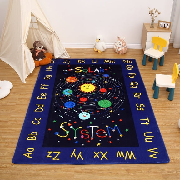 GlowSol 8'x10' Kids Play Rug Kids Educational Rug for Boy Girl Alphabet Solar System Learning Play Carpet Thick Non Slip Mat for Playroom, Black Blue