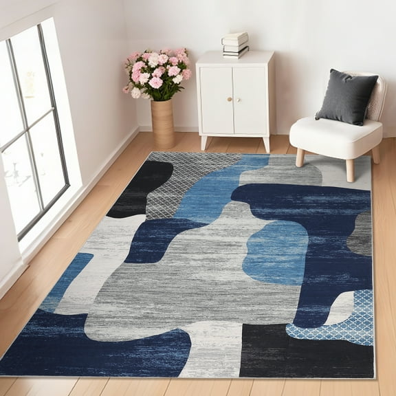 GlowSol 8'x10' Modern Abstract Area Rugs for Living Room Bedroom Washable Contemporary Indoor Floor Cover Soft Foldable Thin Accent Rug, Blue