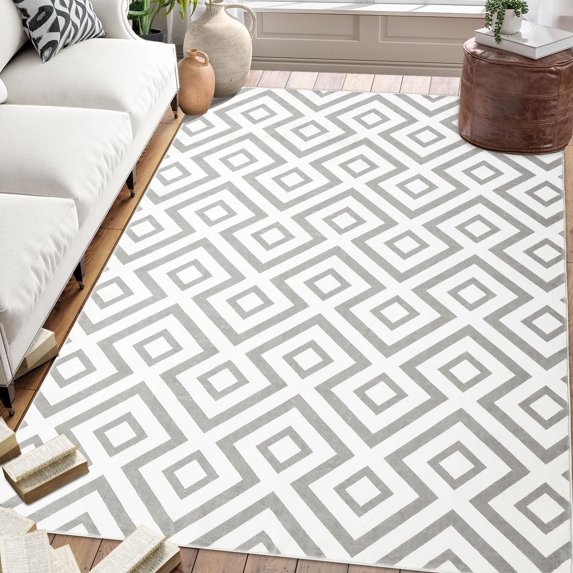 GlowSol 8'x10' Modern Area Rug Machine Washable Geometric Rug Living Room Bedroom Rugs Low Pile Non-Slip Soft Carpet, Gray