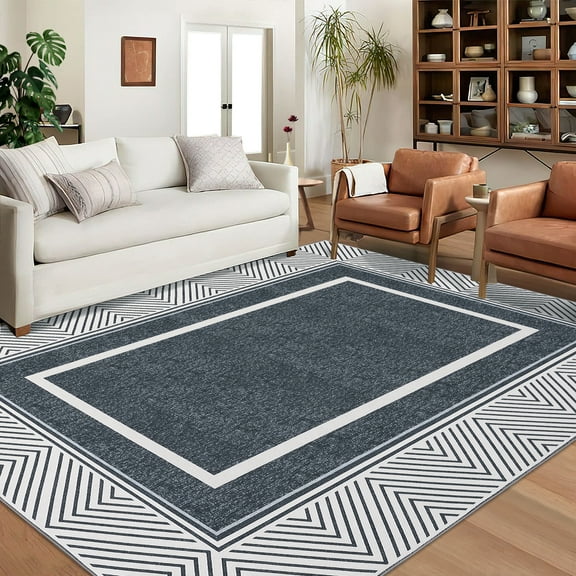 GlowSol 8'x10' Modern Bordered Area Rug Contemporary Non-Shedding Stain-Resistant Rugs Carpet for Dining Room Bedroom, Dark Gray