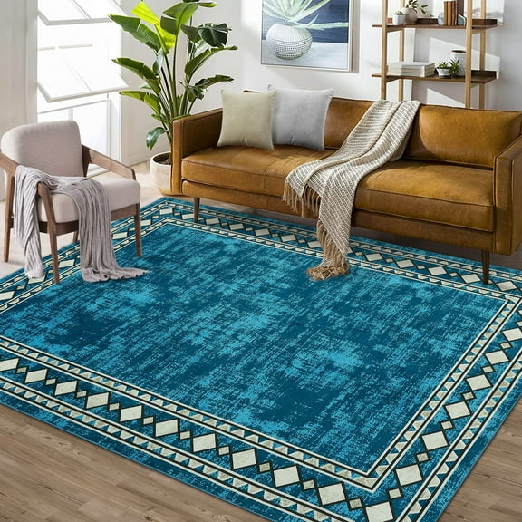 GlowSol 8'x10' Modern Bordered Area Rug Machine Washable Rug Geometric Border Non-Slip Low Pile Accent Rug Foldable Thin Carpet, Blue Green