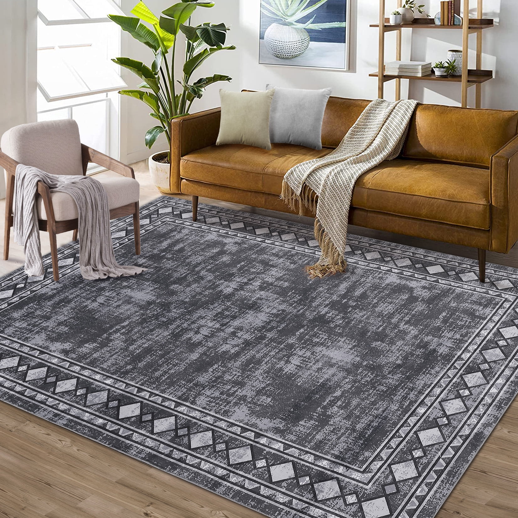 GlowSol 8'x10' Modern Bordered Area Rug Machine Washable Rug Geometric Border Non-Slip Low Pile Accent Rug Foldable Thin Carpet, Gray