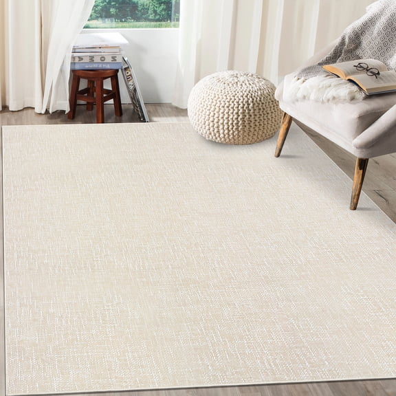 GlowSol 8'x10' Modern Solid Area Rug Washable Non Slip Low Pile Rug Soft Foldable Thin Accent Rugs for Living Room Bedroom, Beige