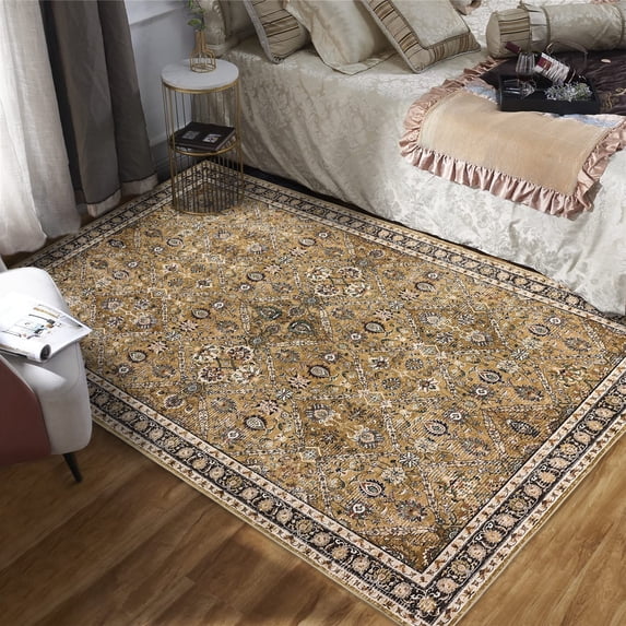 GlowSol 8'x10' Moroccan Trellis Area Rug Vintage Floral Print Rug Indoor Low Pile Non-Slip Throw Carpet Dining Room Office Rug, Yellow/Brown