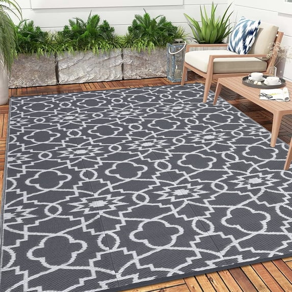 GlowSol 8'x10' Outdoor Plastic Straw Rug Reversible Outdoor Mats Waterproof Rug Modern Rug for Camping RV Patio Outside, Gray White