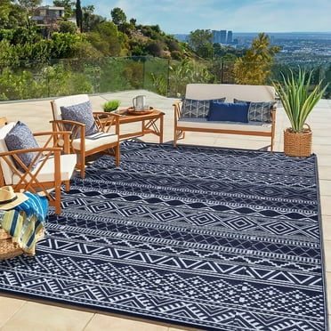 GlowSol 8'x10' Outdoor Rug Carpet Waterproof Reversible Patio Rug RV Camping Rug Plastic Straw Rug Outside Indoor Outdoor Boho Area Rug, Black Blue