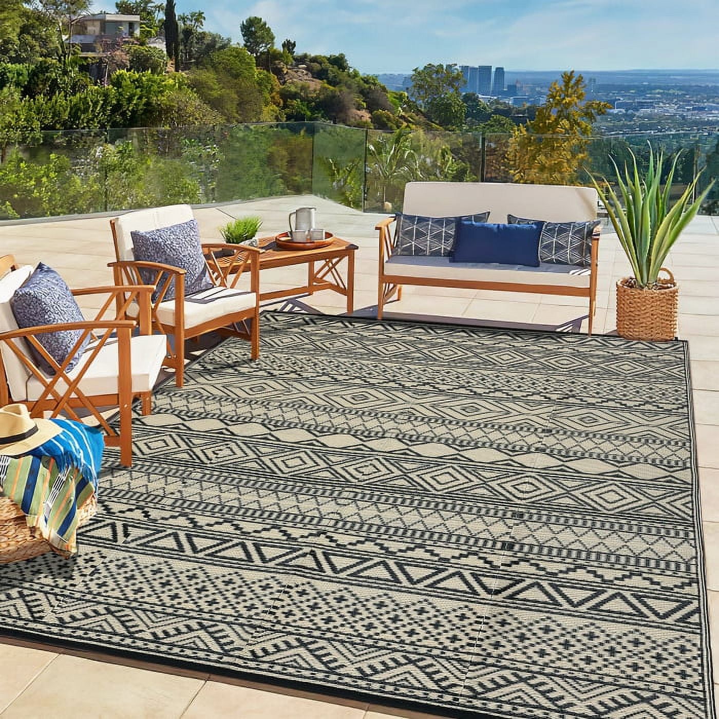 GlowSol 8'x10' Outdoor Rug Carpet Waterproof Reversible Patio Rug RV Camping Rug Plastic Straw Rug Outside Indoor Outdoor Boho Area Rug, Black Brown