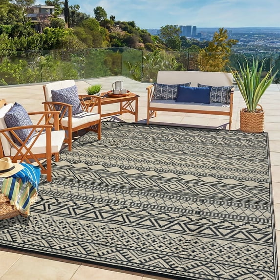 GlowSol 8'x10' Outdoor Rug Carpet Waterproof Reversible Patio Rug RV Camping Rug Plastic Straw Rug Outside Indoor Outdoor Boho Area Rug, Black Brown
