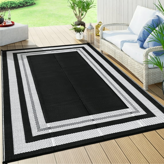 GlowSol 8'x10' Outdoor Rug Carpet Waterproof Reversible Patio Rug RV Camping Rug Plastic Straw Rug Outside Indoor Outdoor Boho Area Rug, Black White