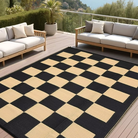 GlowSol 8'x10' Outdoor Rug Modern Checkerboard Plastic Straw Rug Waterproof Reversible Mat Outdoor Rug for Camping Patio Picnic, Black Coffee