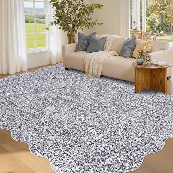GlowSol 8'x10' Scalloped Edge Area Rug Braided Print Pattern Washable Rugs for Living Room Bedroom Non Slip Low Pile Indoor Carpet, Light Gray