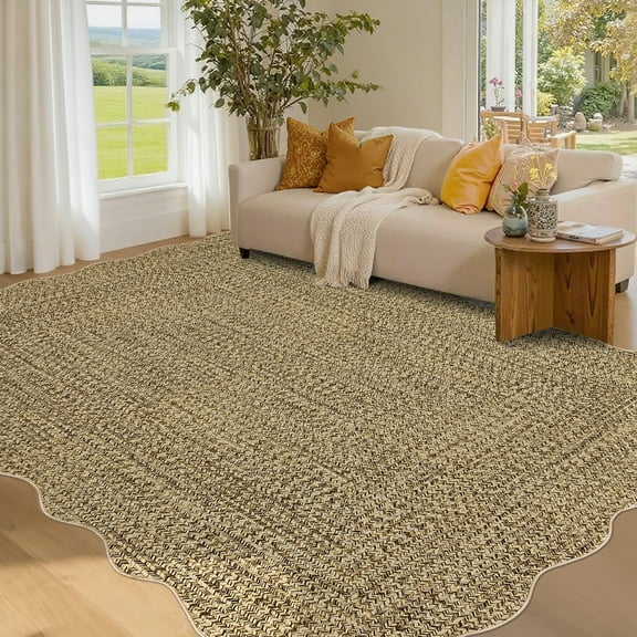 GlowSol 8'x10' Scalloped Edge Area Rug Braided Print Pattern Washable Rugs for Living Room Bedroom Non Slip Low Pile Indoor Carpet, Natural