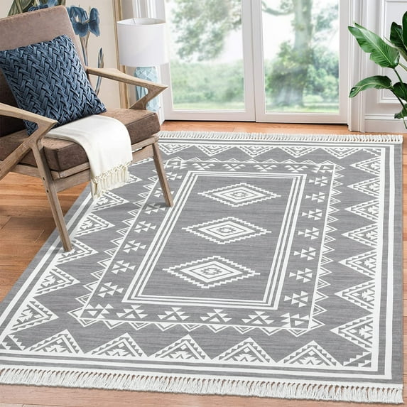 GlowSol 8'x10' Tassel Boho Area Rug Geometric Carpet Non-Slip Non-Shedding Soft Foldable Carpet for Dinging Room Home Office, Gray