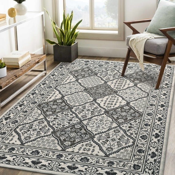 GlowSol 8'x10' Vintage Boho Area Rug Floral Print Rug Washable Rug Oriental Rug Non-Shedding Stain-Resistant Rugs for Living Room Bedroom, Gray